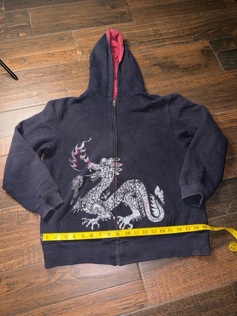 Men's Black Zip-Up Hoodie with Red-Lined Hood and Dragon Graphic